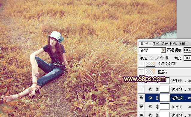 ‘Photoshop将绿色外景人物图片调成柔和的橙黄色‘