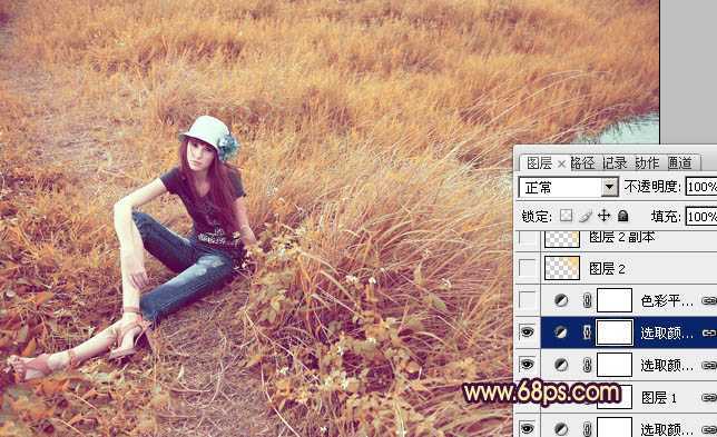 ‘Photoshop将绿色外景人物图片调成柔和的橙黄色‘