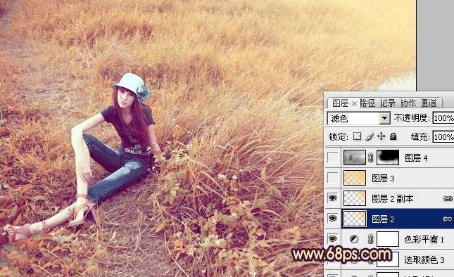‘Photoshop将绿色外景人物图片调成柔和的橙黄色‘