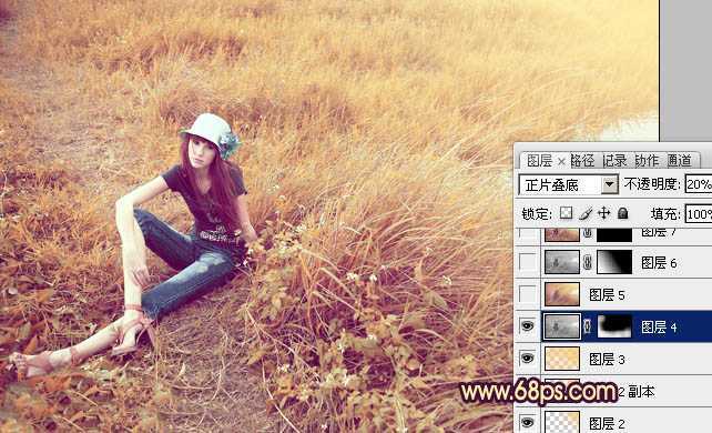 ‘Photoshop将绿色外景人物图片调成柔和的橙黄色‘