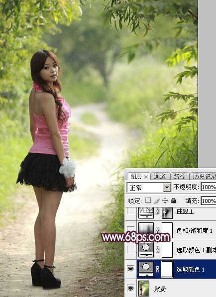 ‘Photoshop将树林人物图片打造唯美的暗调紫红色‘