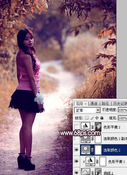 ‘Photoshop将树林人物图片打造唯美的暗调紫红色‘