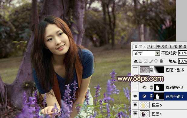 ‘Photoshop将树林美女图片调成温馨的黄紫色‘