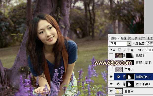‘Photoshop将树林美女图片调成温馨的黄紫色‘