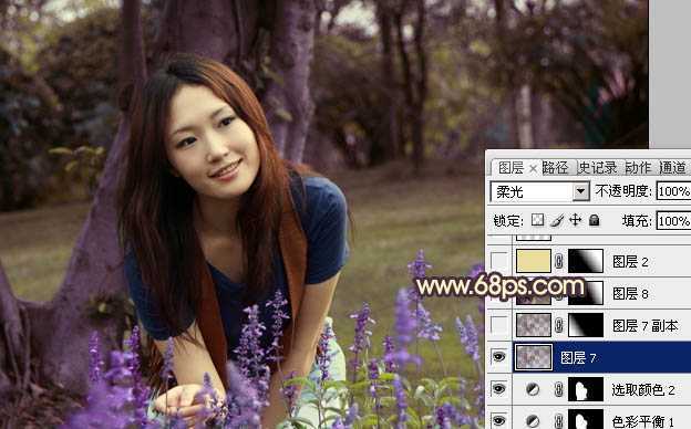 ‘Photoshop将树林美女图片调成温馨的黄紫色‘