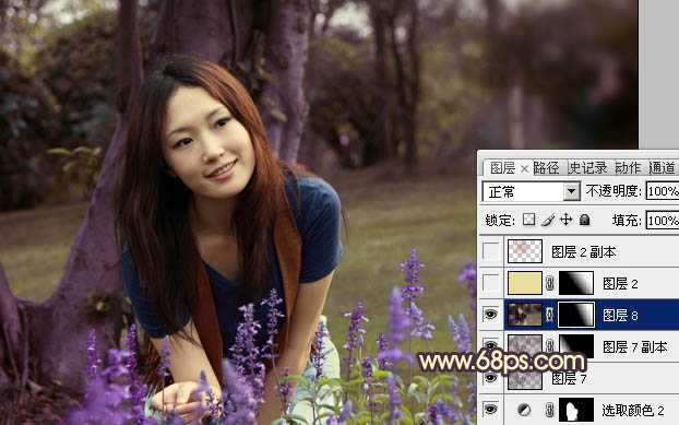 ‘Photoshop将树林美女图片调成温馨的黄紫色‘