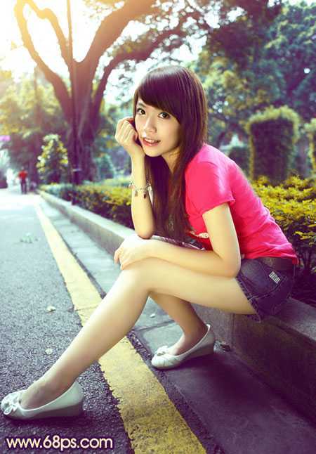 ‘Photoshop将公路人物图片调成灿烂的暖色调‘