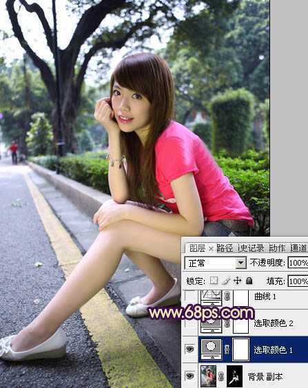 ‘Photoshop将公路人物图片调成灿烂的暖色调‘