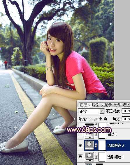 ‘Photoshop将公路人物图片调成灿烂的暖色调‘