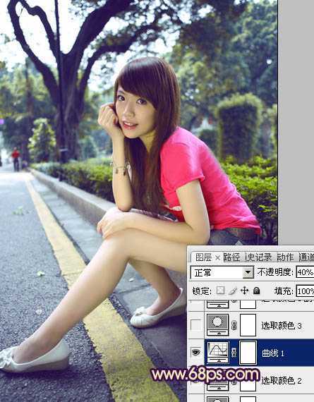 ‘Photoshop将公路人物图片调成灿烂的暖色调‘