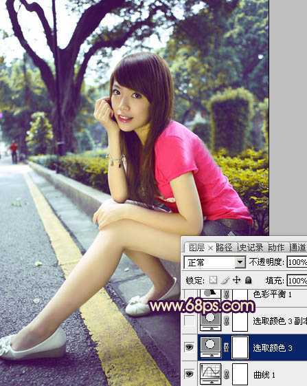 ‘Photoshop将公路人物图片调成灿烂的暖色调‘