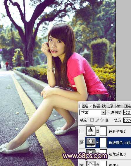 ‘Photoshop将公路人物图片调成灿烂的暖色调‘