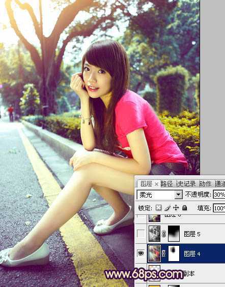 ‘Photoshop将公路人物图片调成灿烂的暖色调‘