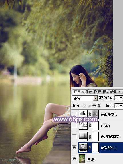 ‘Photoshop将水塘边的美女加上漂亮的淡调黄紫色‘