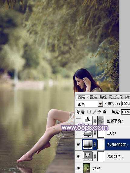 ‘Photoshop将水塘边的美女加上漂亮的淡调黄紫色‘