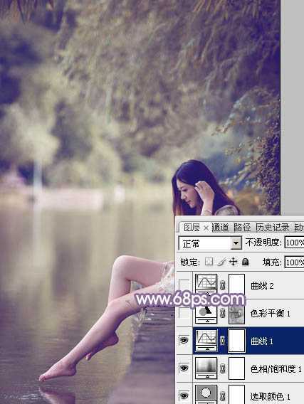 ‘Photoshop将水塘边的美女加上漂亮的淡调黄紫色‘