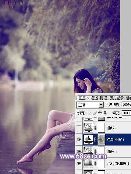 ‘Photoshop将水塘边的美女加上漂亮的淡调黄紫色‘