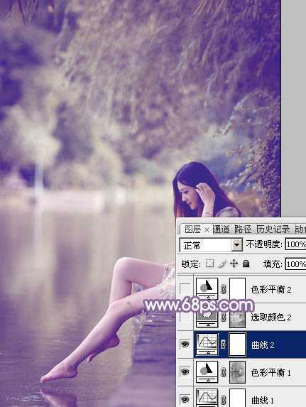 ‘Photoshop将水塘边的美女加上漂亮的淡调黄紫色‘