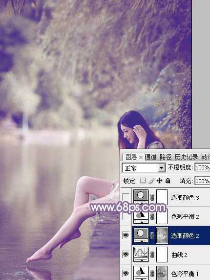 ‘Photoshop将水塘边的美女加上漂亮的淡调黄紫色‘