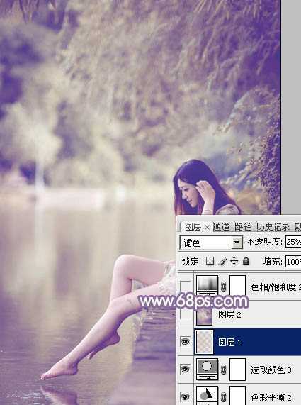 ‘Photoshop将水塘边的美女加上漂亮的淡调黄紫色‘