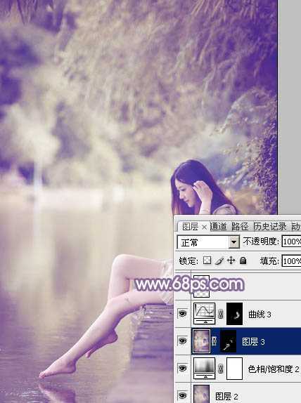 ‘Photoshop将水塘边的美女加上漂亮的淡调黄紫色‘