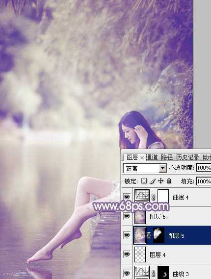 ‘Photoshop将水塘边的美女加上漂亮的淡调黄紫色‘