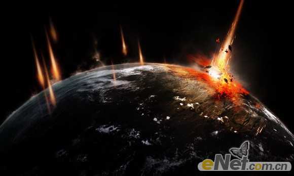 ‘photoshop合成制作出流星撞击星球的壮观景象‘