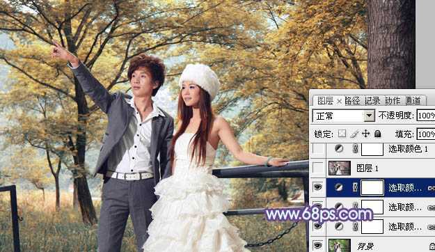 ‘Photoshop将树林婚片调制出梦幻的红紫色‘