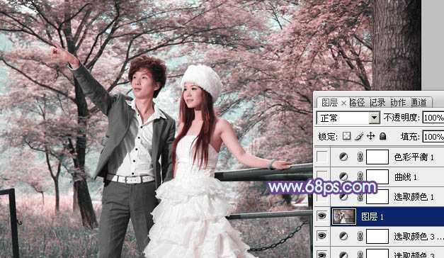 ‘Photoshop将树林婚片调制出梦幻的红紫色‘