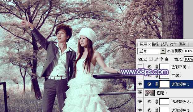 ‘Photoshop将树林婚片调制出梦幻的红紫色‘