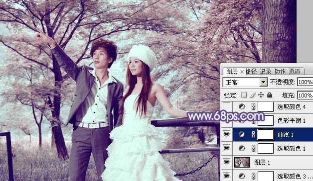 ‘Photoshop将树林婚片调制出梦幻的红紫色‘