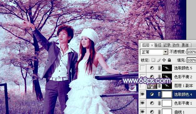 ‘Photoshop将树林婚片调制出梦幻的红紫色‘