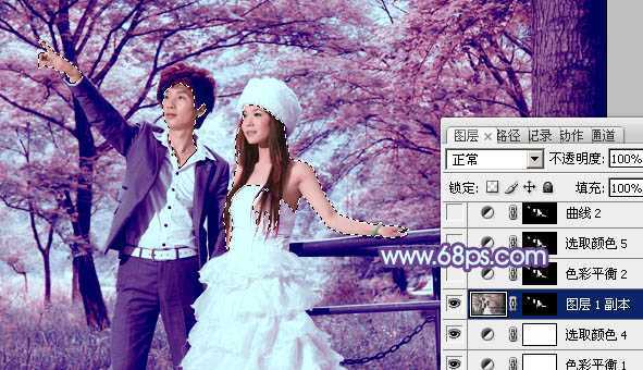 ‘Photoshop将树林婚片调制出梦幻的红紫色‘
