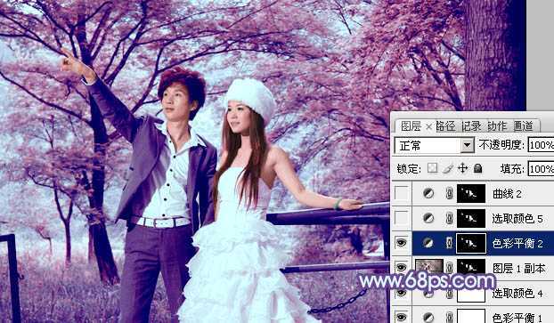 ‘Photoshop将树林婚片调制出梦幻的红紫色‘