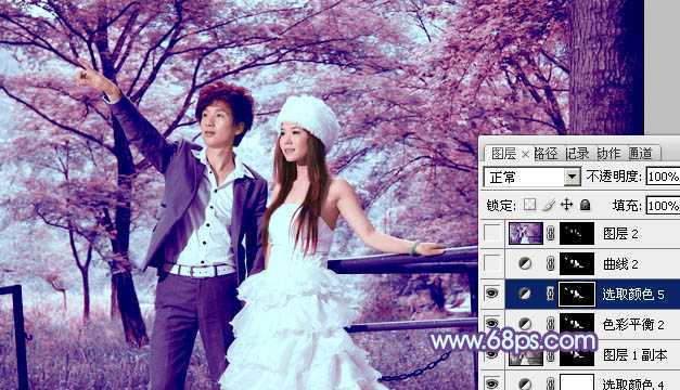 ‘Photoshop将树林婚片调制出梦幻的红紫色‘