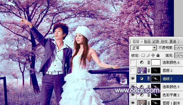 ‘Photoshop将树林婚片调制出梦幻的红紫色‘