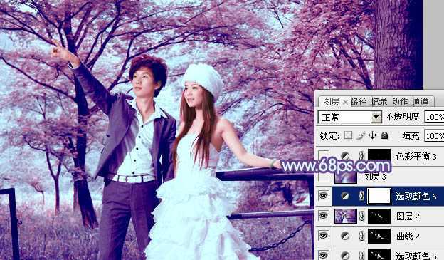 ‘Photoshop将树林婚片调制出梦幻的红紫色‘