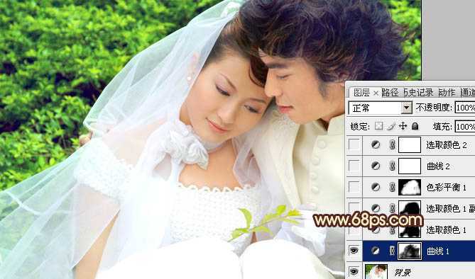 ‘Photoshop将外景婚片调成淡淡的黄绿蜜糖色‘
