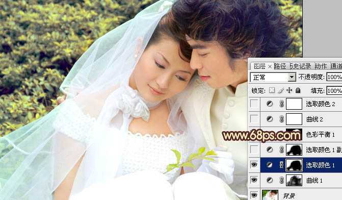 ‘Photoshop将外景婚片调成淡淡的黄绿蜜糖色‘