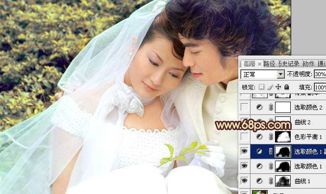 ‘Photoshop将外景婚片调成淡淡的黄绿蜜糖色‘