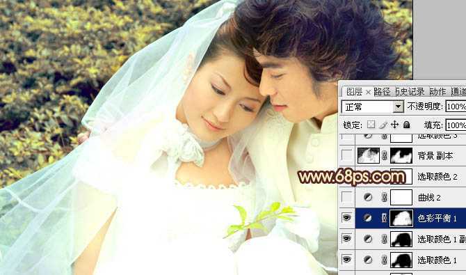 ‘Photoshop将外景婚片调成淡淡的黄绿蜜糖色‘