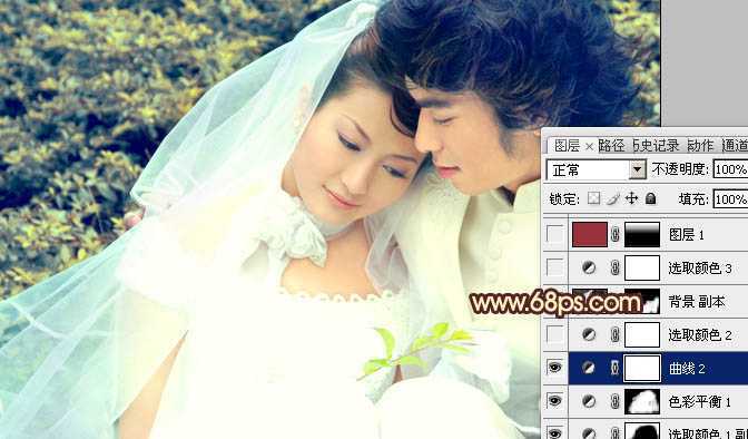‘Photoshop将外景婚片调成淡淡的黄绿蜜糖色‘