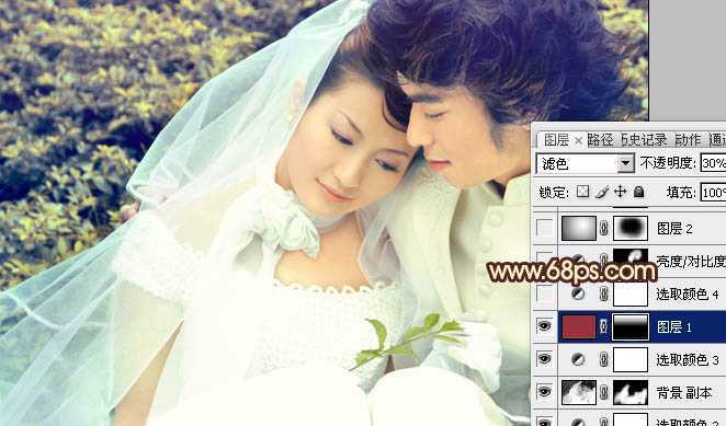 ‘Photoshop将外景婚片调成淡淡的黄绿蜜糖色‘