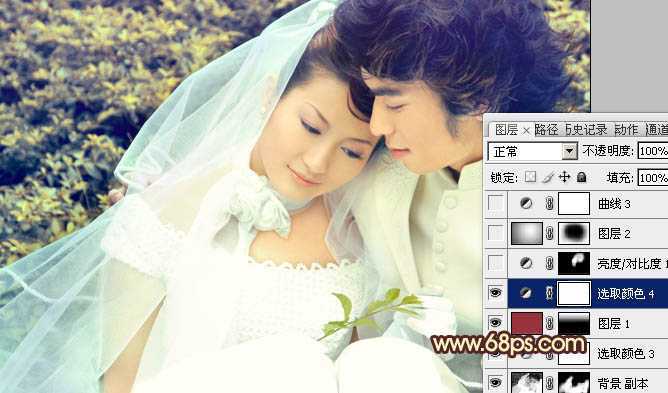 ‘Photoshop将外景婚片调成淡淡的黄绿蜜糖色‘