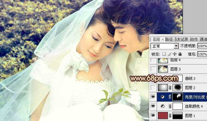 ‘Photoshop将外景婚片调成淡淡的黄绿蜜糖色‘