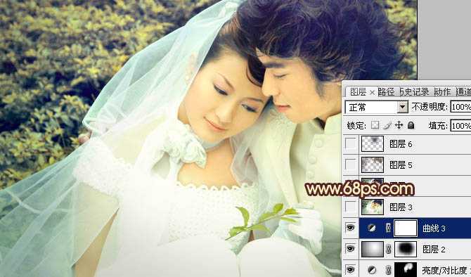 ‘Photoshop将外景婚片调成淡淡的黄绿蜜糖色‘