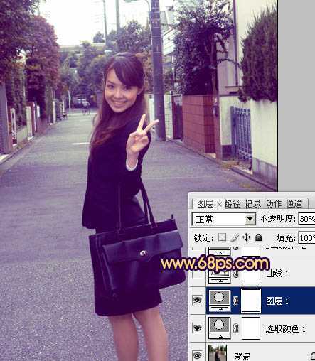 ‘Photosho将街道人物图片打造出甜美紫褐色‘