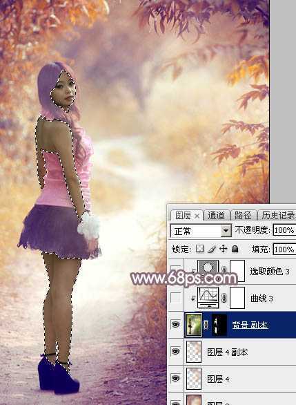 ‘Photoshop将树林中的美女调制出唯美的秋季蓝红色特效‘