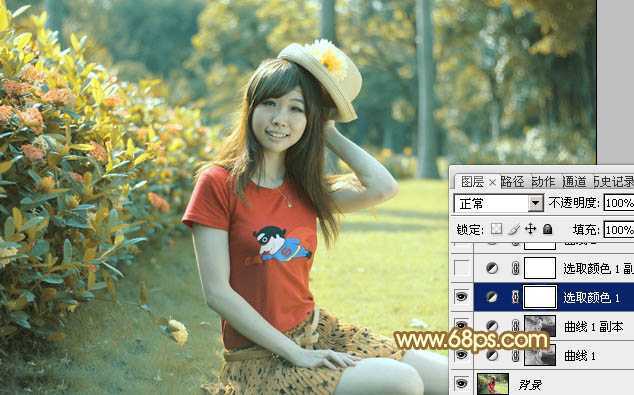 ‘Photoshop将花园中的人物图片调制出唯美的金色调‘