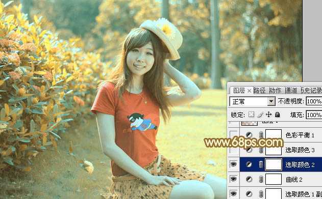 ‘Photoshop将花园中的人物图片调制出唯美的金色调‘